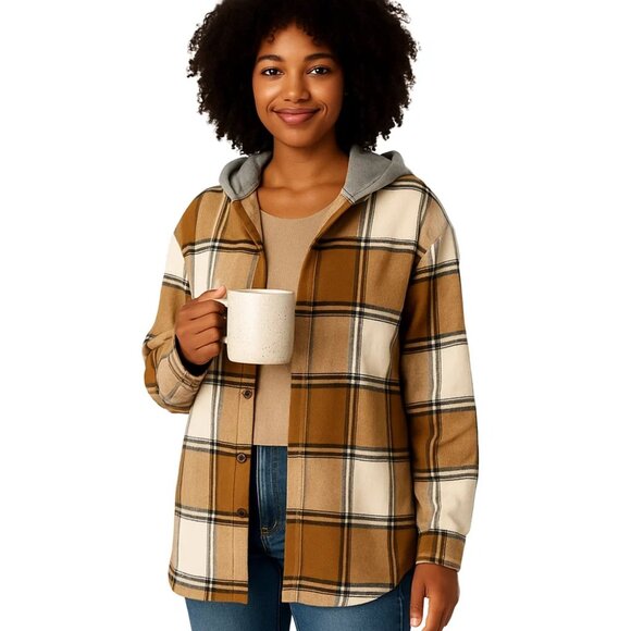 chicme Jackets & Blazers - ChicMe Plaid Hooded Jacket Size L Camel Brown Fleece Lined Casual Boho Shacket